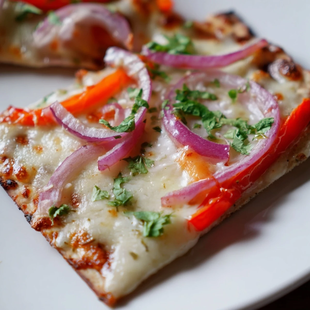 A close-up of Sweet Heat Honey Garlic Flatbread Pizza with red onions and jalapeños on a rustic wooden table.