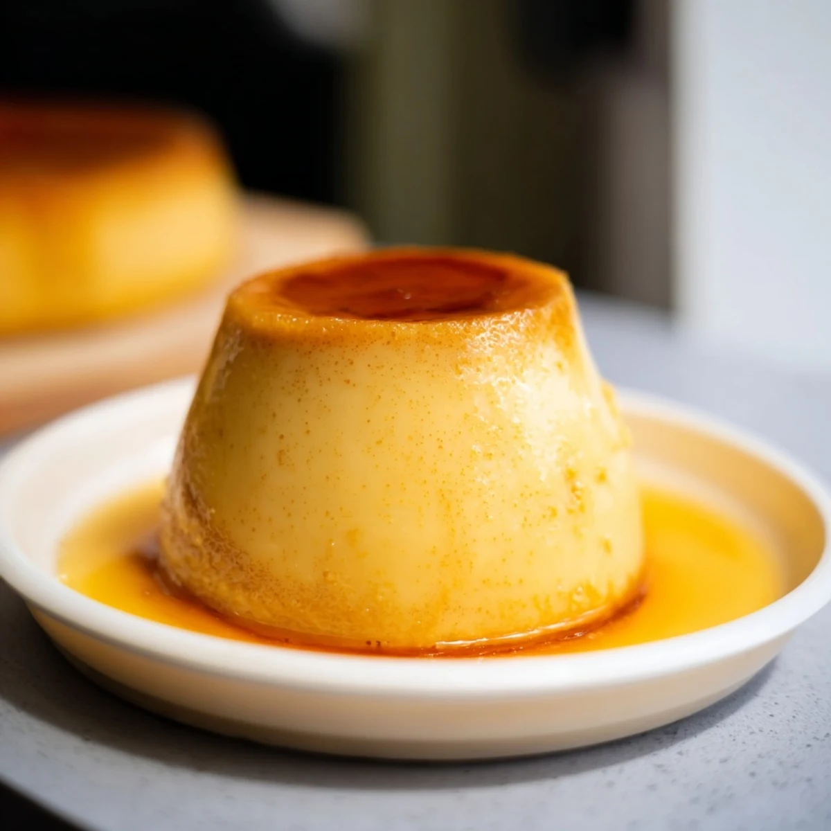 A close-up view of Classic Baked Milk Pudding with a golden caramelized top, served in a white dish. 