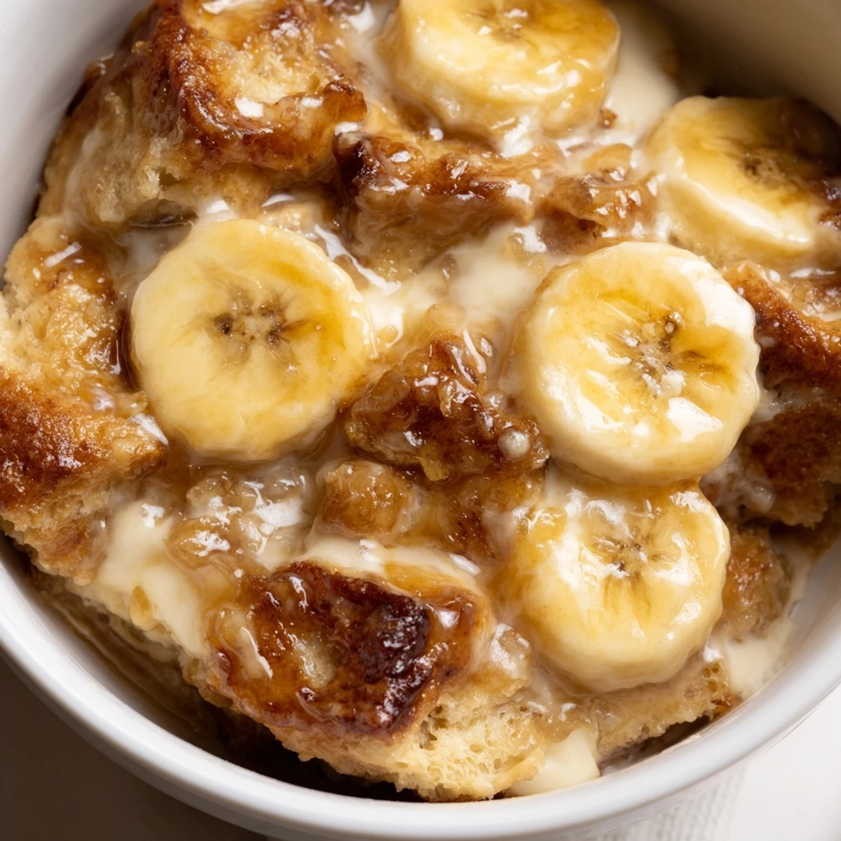Close-up of Creamy Bananas Foster Bread Pudding with caramelized bananas and a scoop of vanilla ice cream melting.