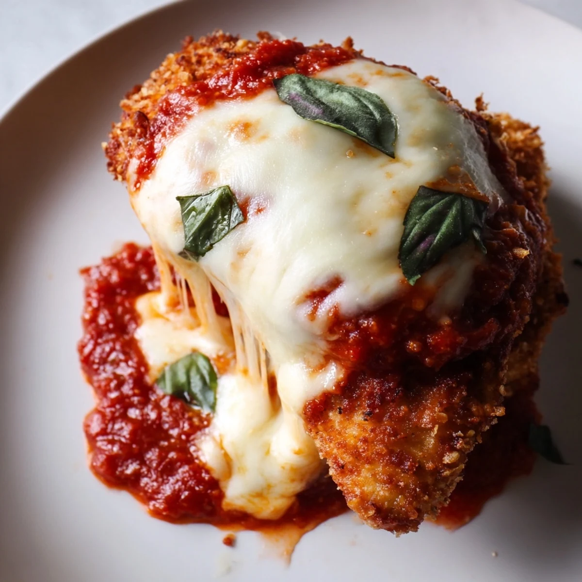 Golden-brown crispy Chicken Parmesan Pizza with melted mozzarella and fresh basil on a rustic wooden board.