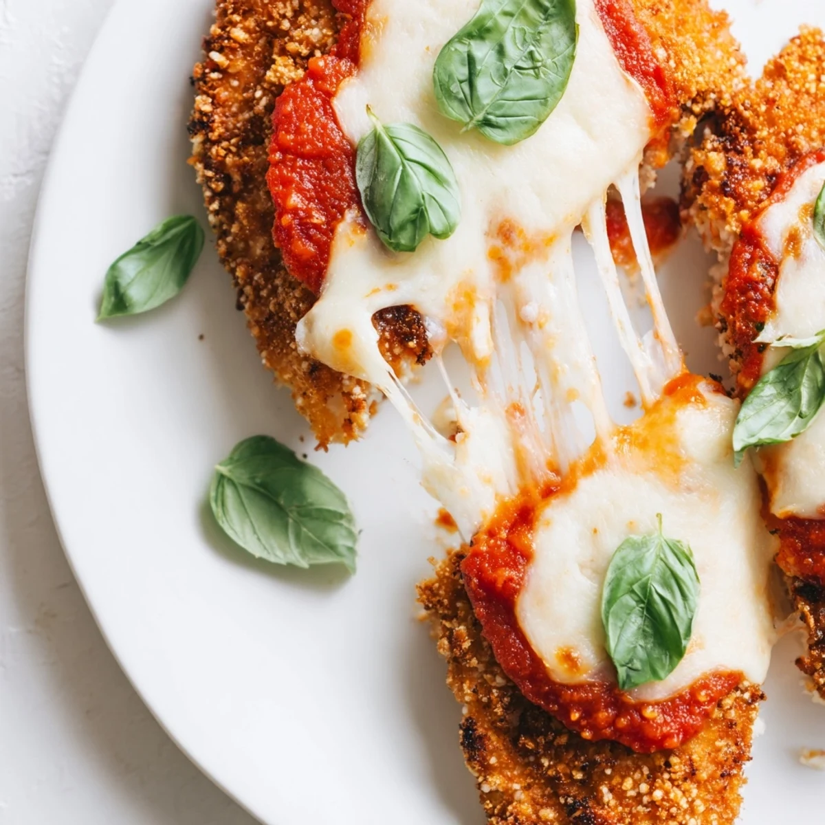 A close-up slice of Chicken Parmesan Pizza showing tangy marinara sauce and melted cheese pulling away.