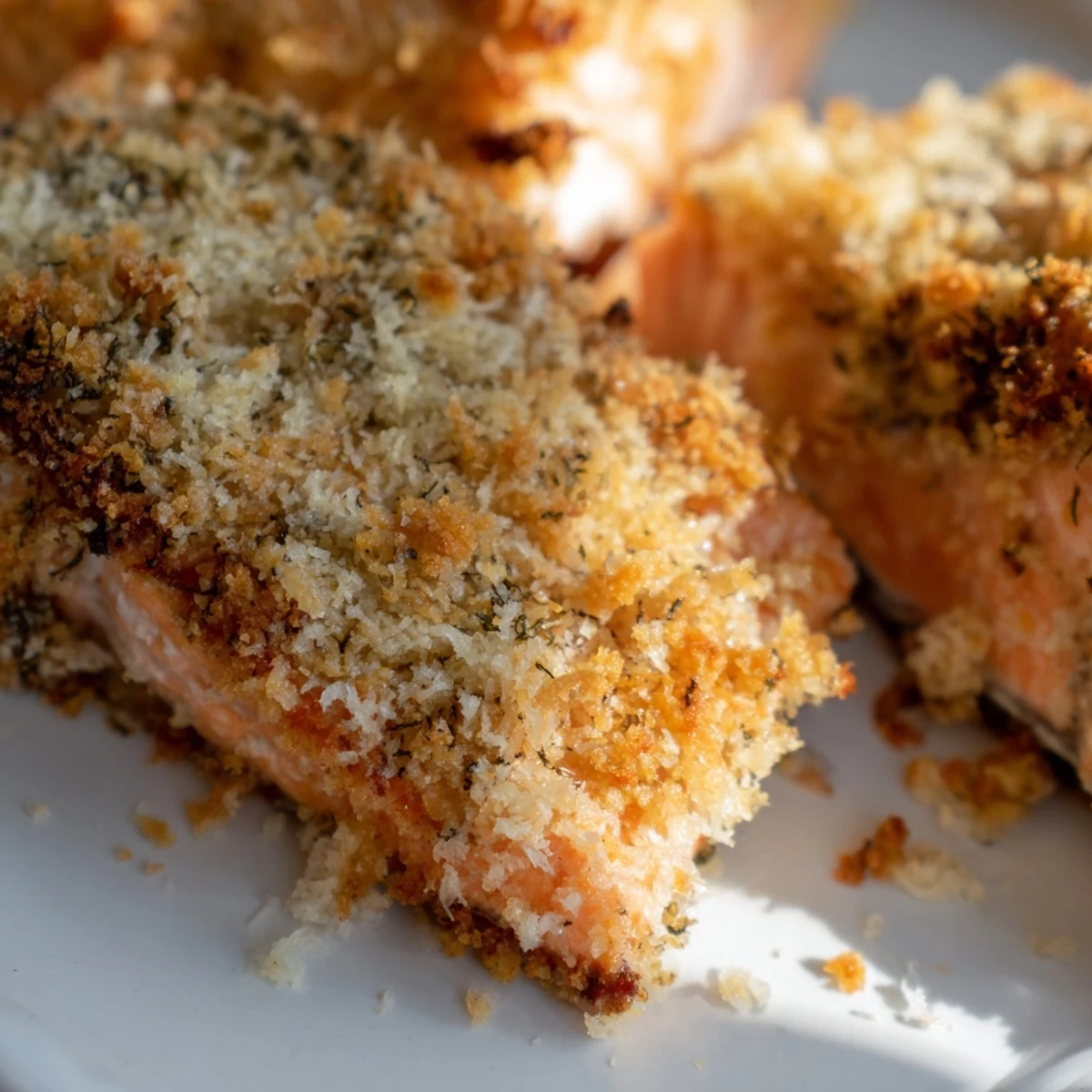 Golden, crispy Parmesan Salmon Bake fillets on a baking sheet, topped with melted cheese and fresh parsley.