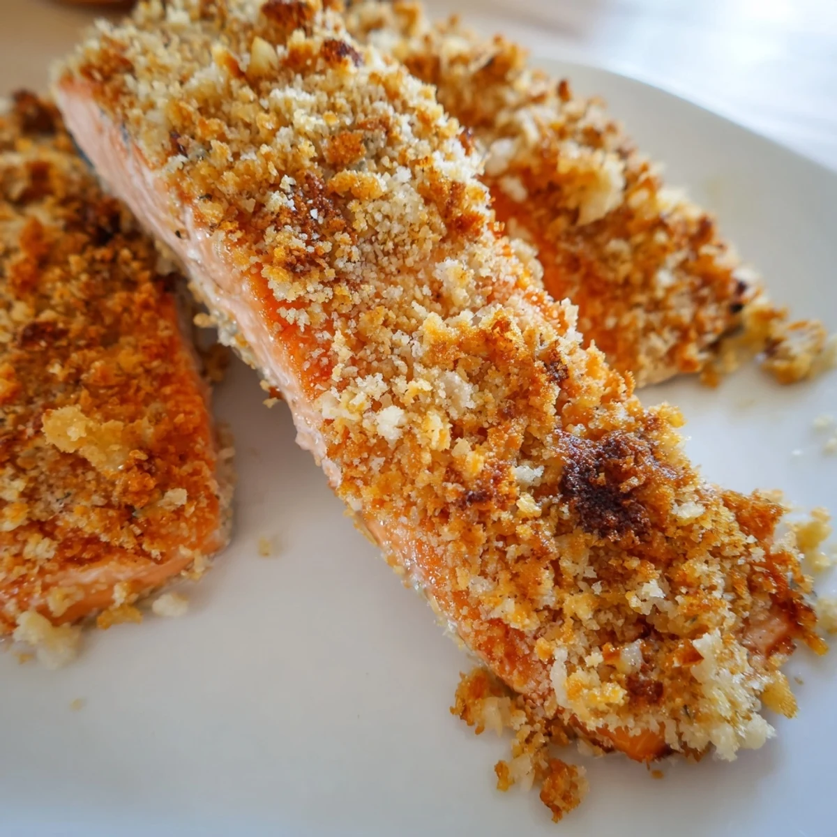 Weeknight-friendly Crispy Parmesan Salmon Bake garnished with lemon wedges, served alongside steamed asparagus for a bright dinner.