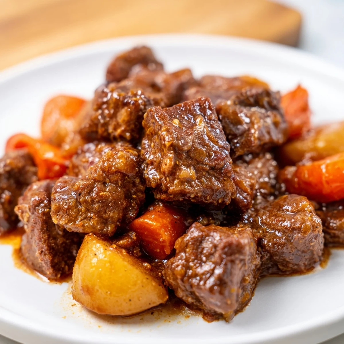 The finished Slow Cooker Garlic Butter Beef with Potatoes in a rustic pot, showcasing fork-tender beef chunks and golden baby potatoes coated in a glossy garlic butter sauce.