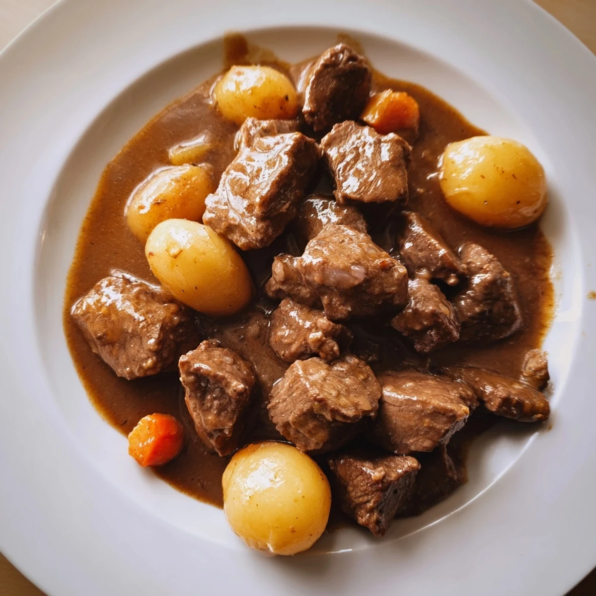 A close-up photo of Slow Cooker Garlic Butter Beef with Potatoes featuring a ladle lifting succulent beef and roasted vegetables from a rich, savory broth.