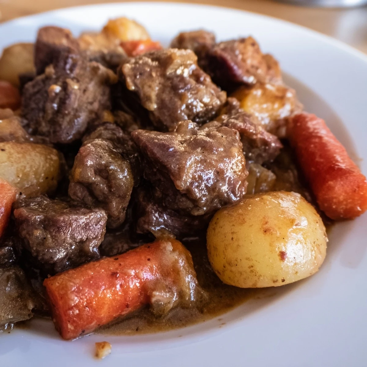 Overhead view of a serving plate with Slow Cooker Garlic Butter Beef with Potatoes, garnished with fresh parsley and ready to be paired with crusty bread.