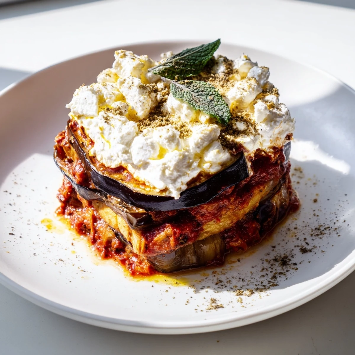 Crispy golden eggplant slices layered with spiced tomato sauce in Borani Banjan, topped with creamy yogurt and fresh mint garnish.