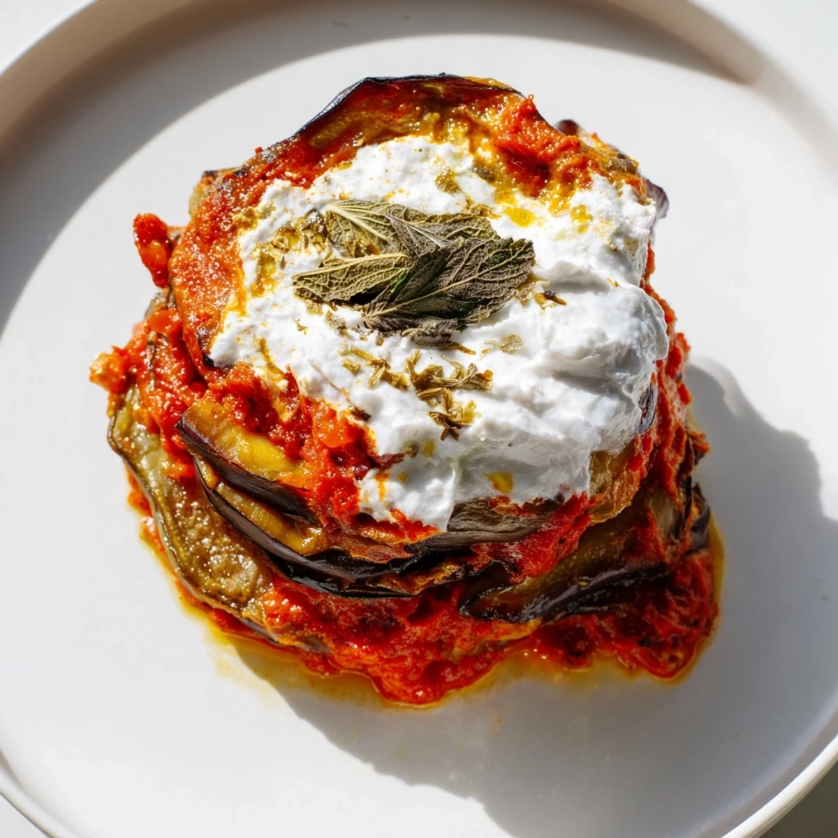 Hearty Borani Banjan served over fluffy basmati rice, showing off rich red sauce and yogurt drizzle for a vegetarian feast.