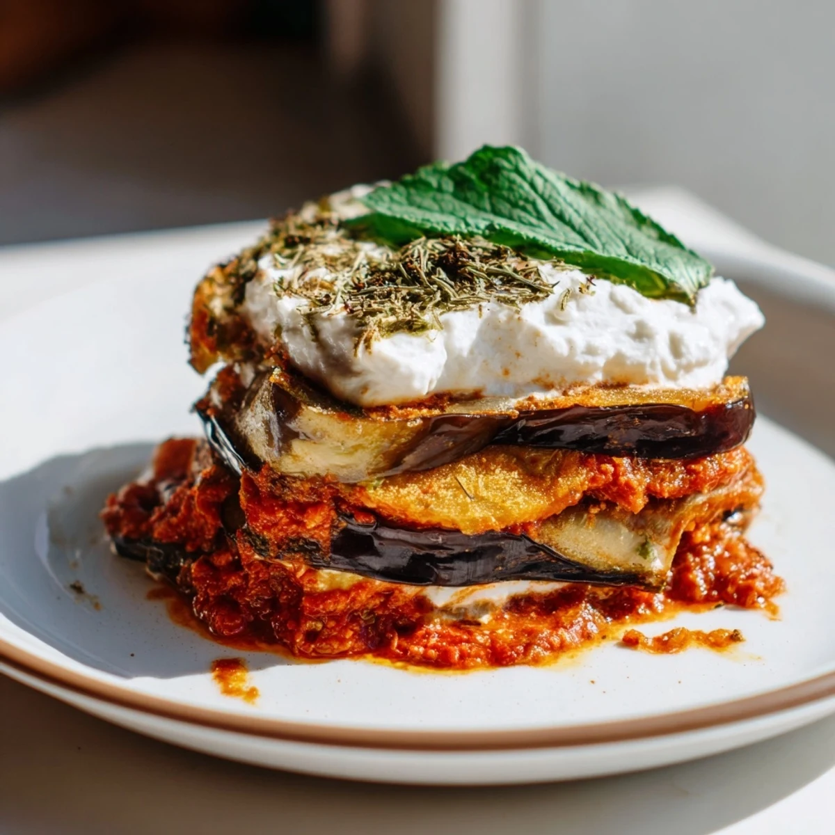 Close-up of Borani Banjan in a baking dish, Afghan eggplant and tomato layers finished with dried mint and cilantro.