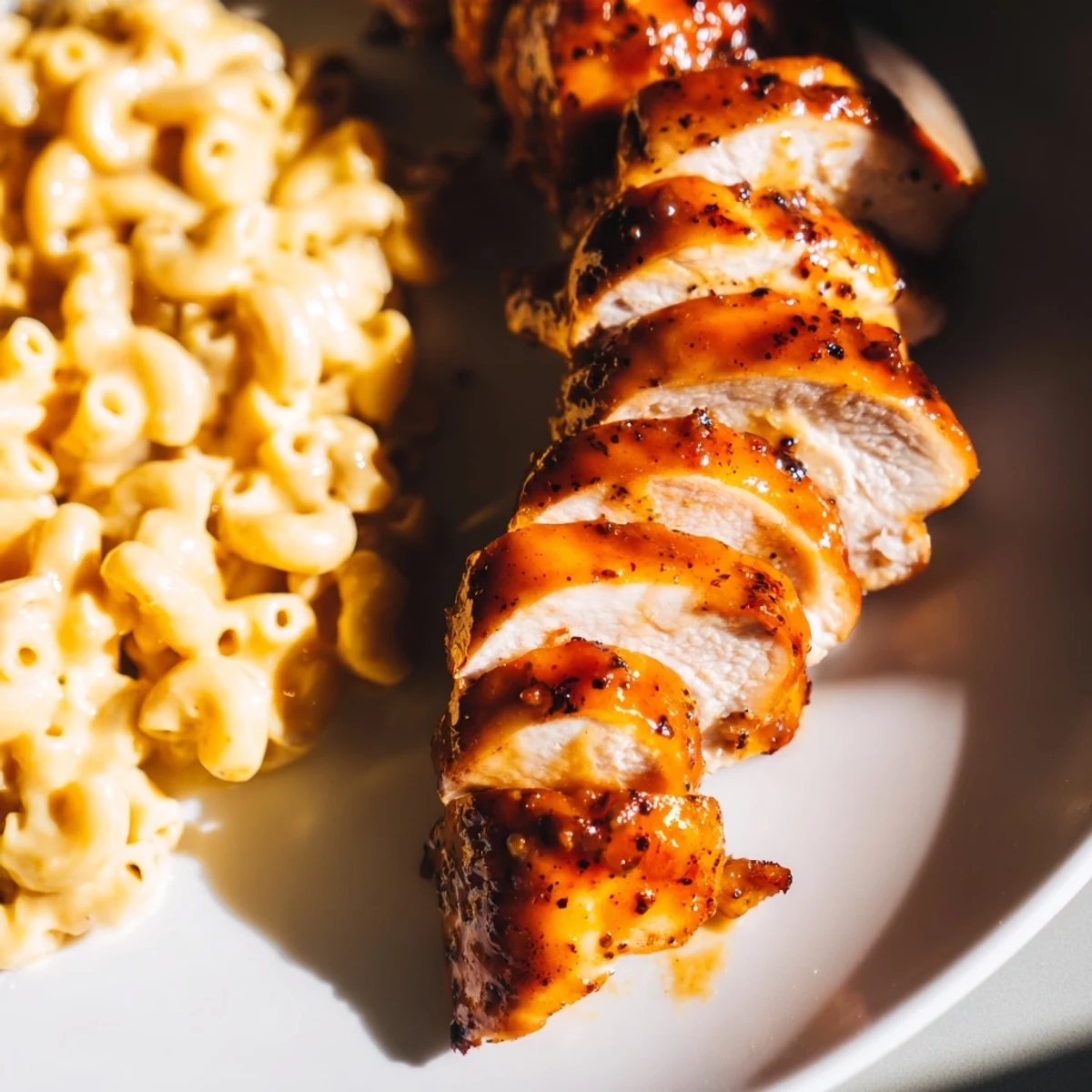 Golden-brown honey pepper chicken glazed with sweet heat rests beside creamy mac and cheese on a rustic plate.