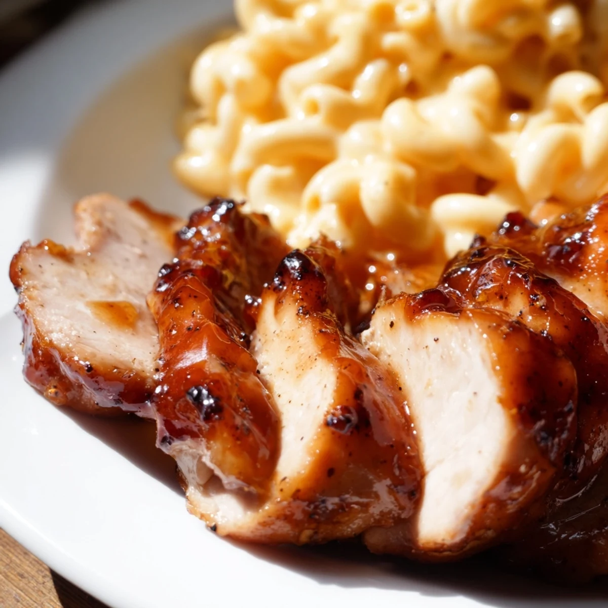 Steaming comfort meal features tender chicken in a glossy honey pepper sauce alongside rich, cheesy macaroni pasta.