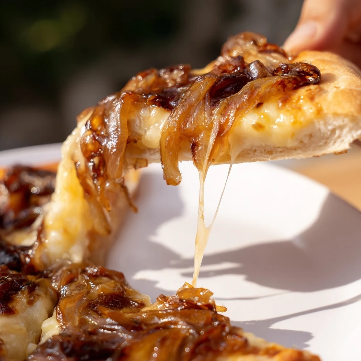 A close-up of Caramelized Onion Pizza With Melty Cheese, featuring a golden crust and bubbling cheese.
