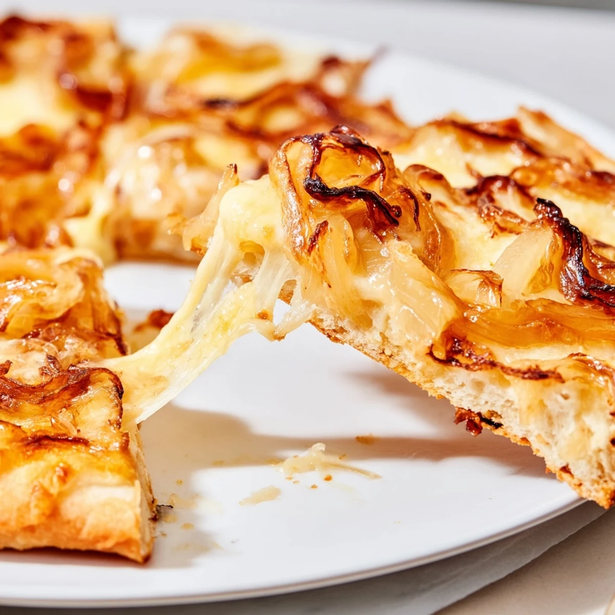Sliced wedges of Caramelized Onion Pizza With Melty Cheese reveal sweet onions and gooey cheese on a pan.