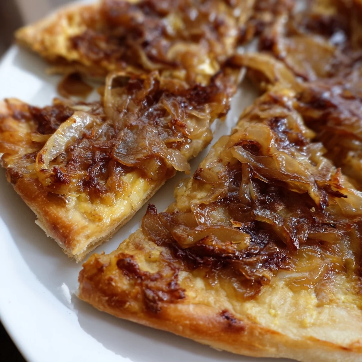 The delicious Caramelized Onion Pizza With Melty Cheese is topped with fresh arugula on a rustic wooden board.