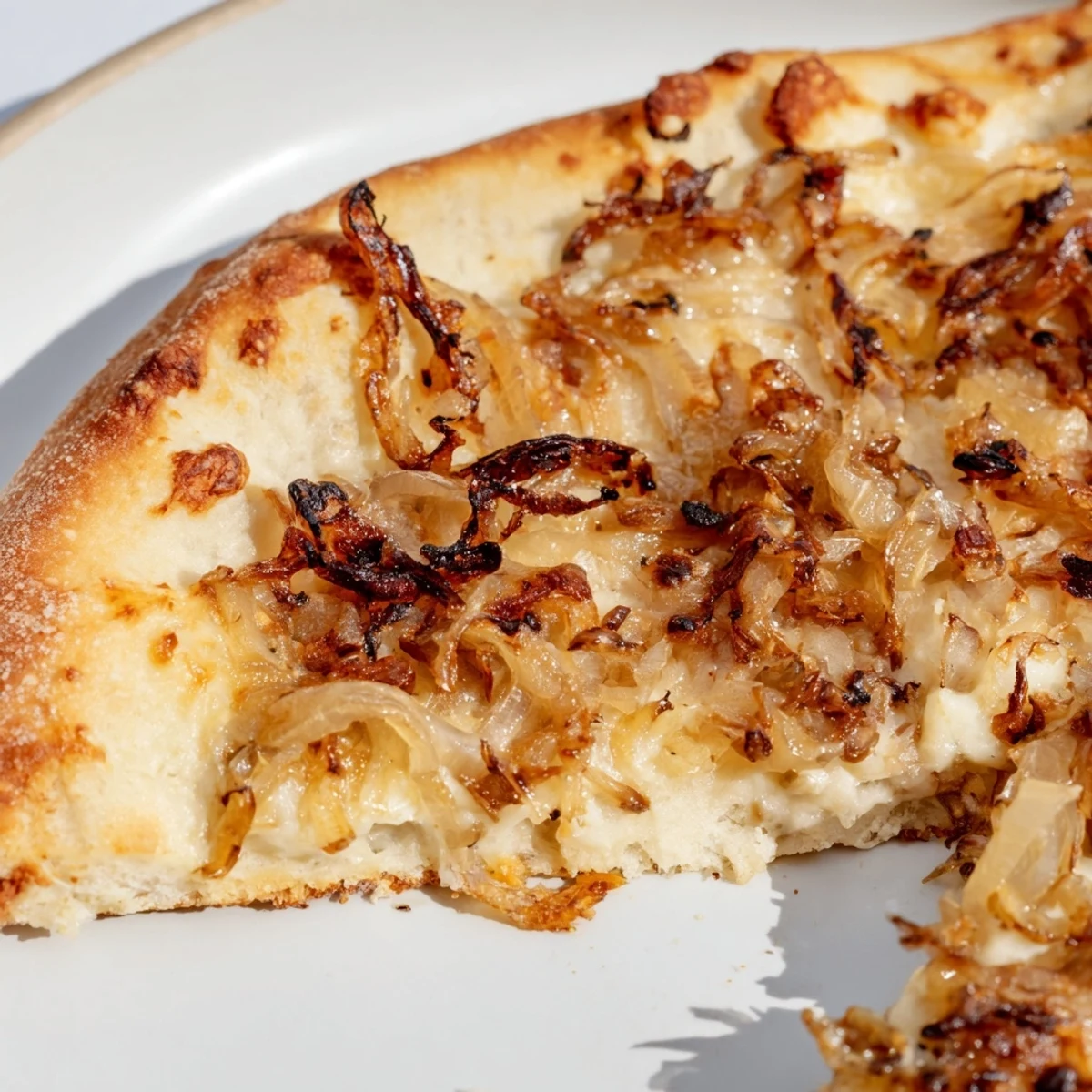 A close-up of Caramelized Onion Pizza With Melty Cheese on a wooden board, with golden-brown onions and bubbling cheese.
