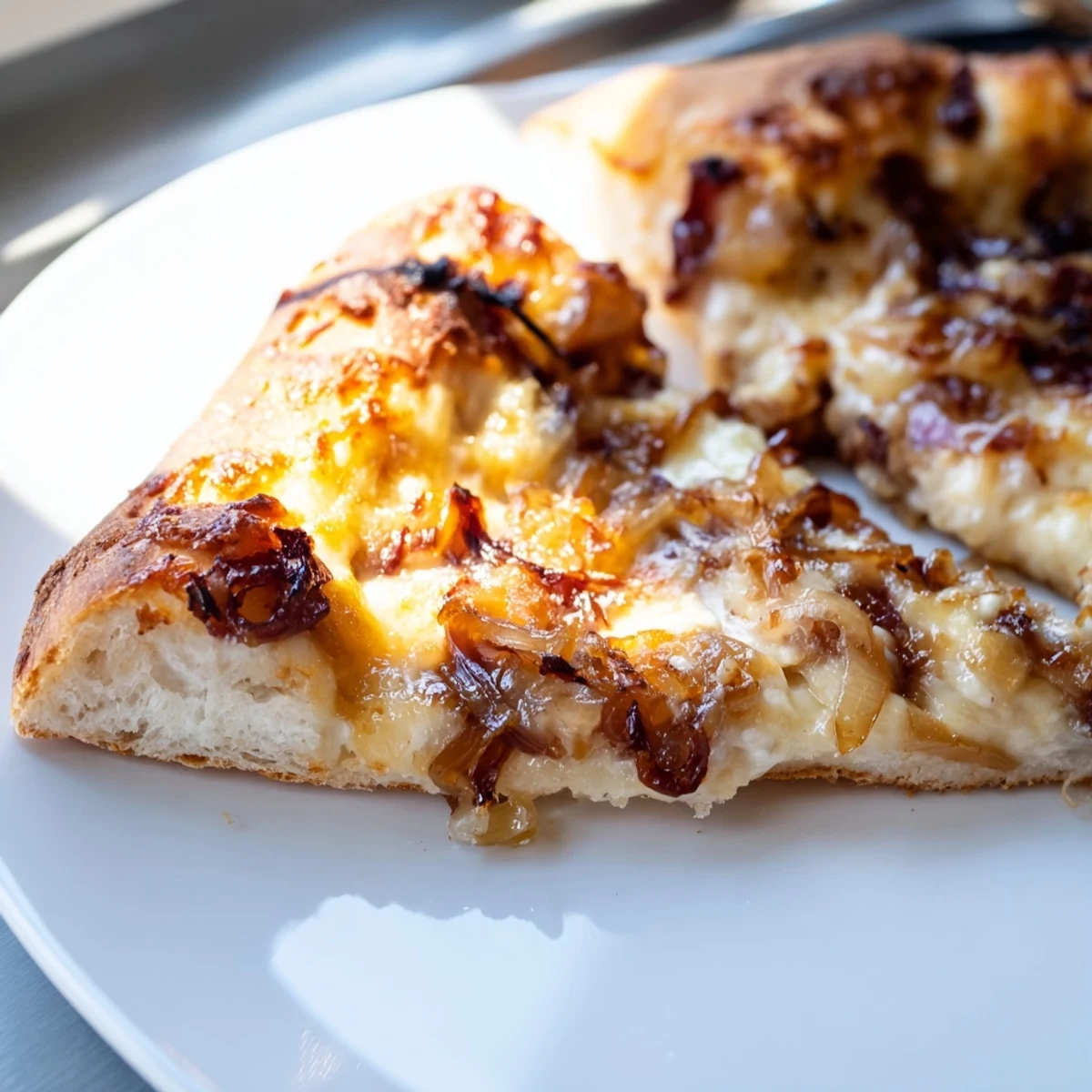 Freshly baked Caramelized Onion Pizza With Melty Cheese is sliced, revealing gooey cheese and sweet onions on a rustic crust.