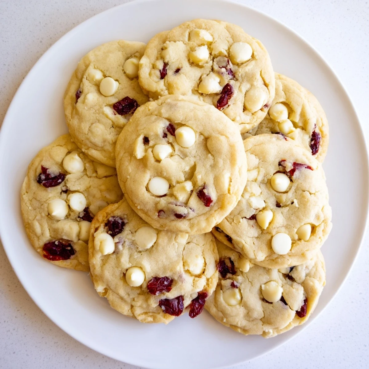 Freshly baked White Chocolate Cranberry Cookies on a cooling rack, with chewy centers, golden edges, and creamy white chips contrasting tart red cranberries.