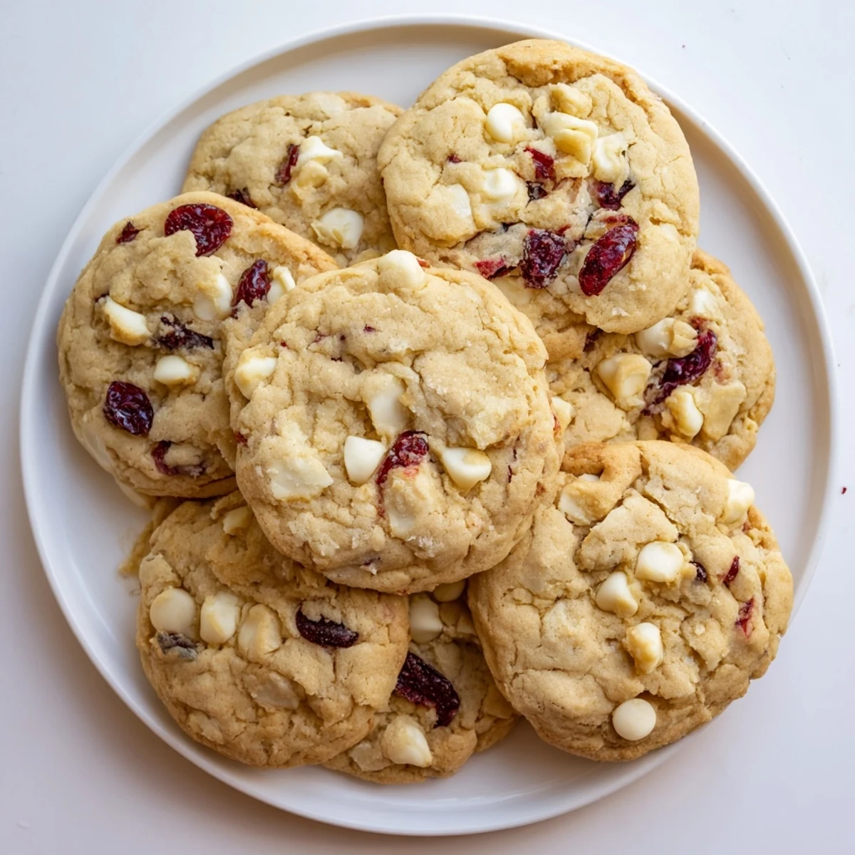 Warm White Chocolate Cranberry Cookies stacked on a rustic plate, soft and buttery with melty white chocolate chips and dried cranberries, perfect for holiday gatherings.