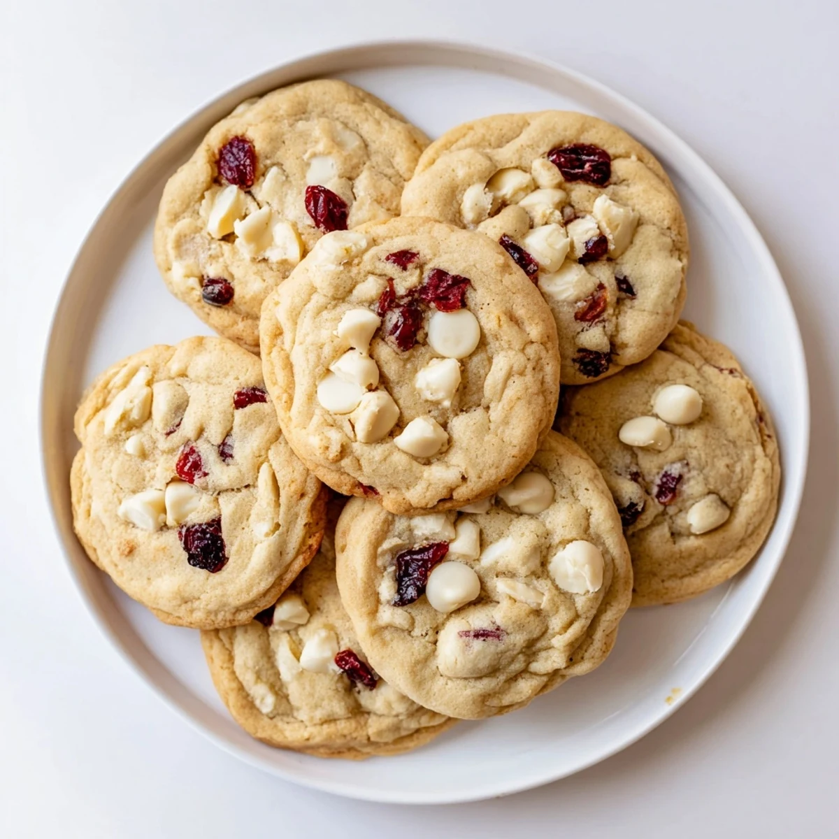 A close-up of White Chocolate Cranberry Cookies showing soft, chewy texture, creamy white chocolate chunks, and ruby-red cranberries scattered on a festive platter.