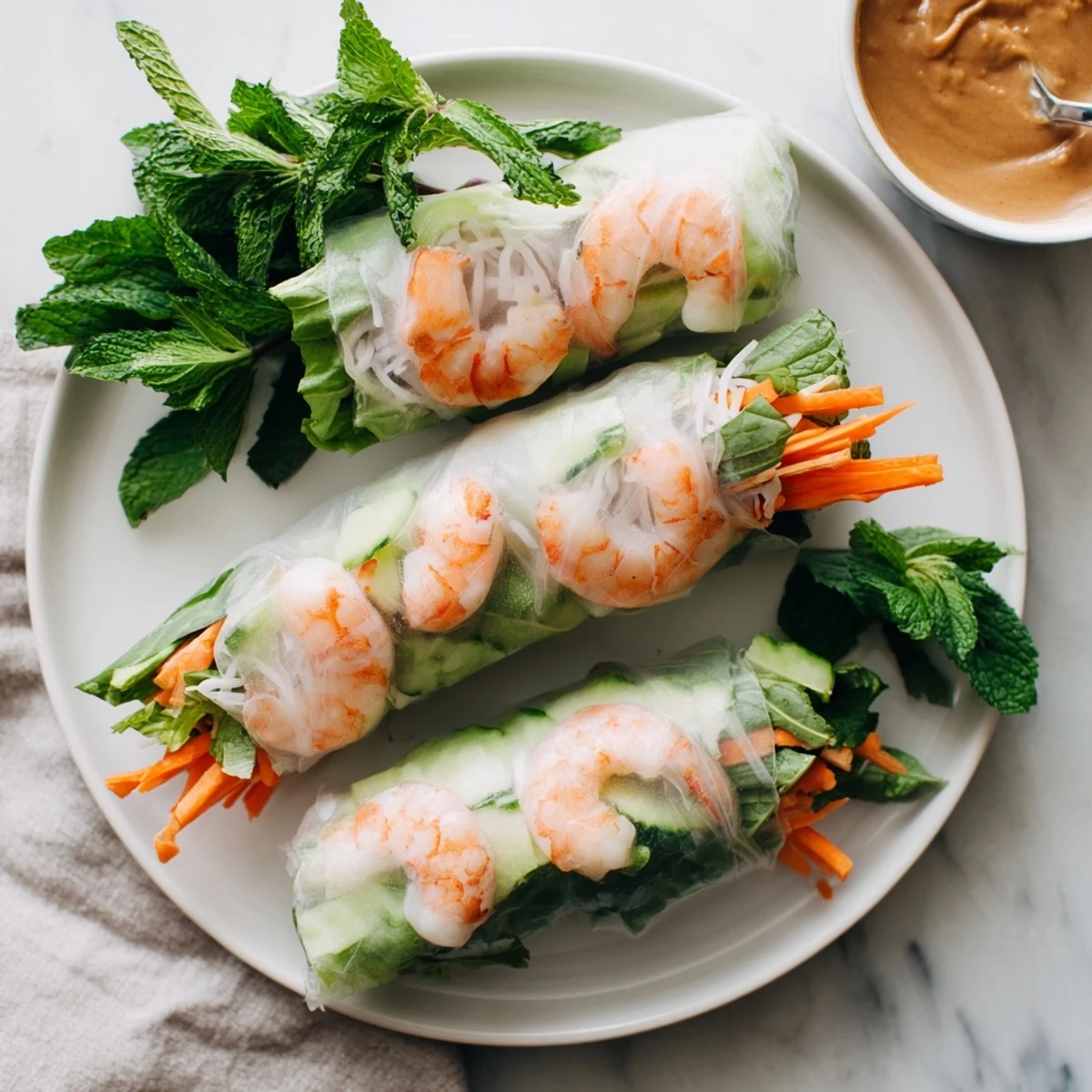 A platter of Vietnamese Spring Rolls on a bamboo mat, showcasing translucent rice paper and colorful vegetable filling.