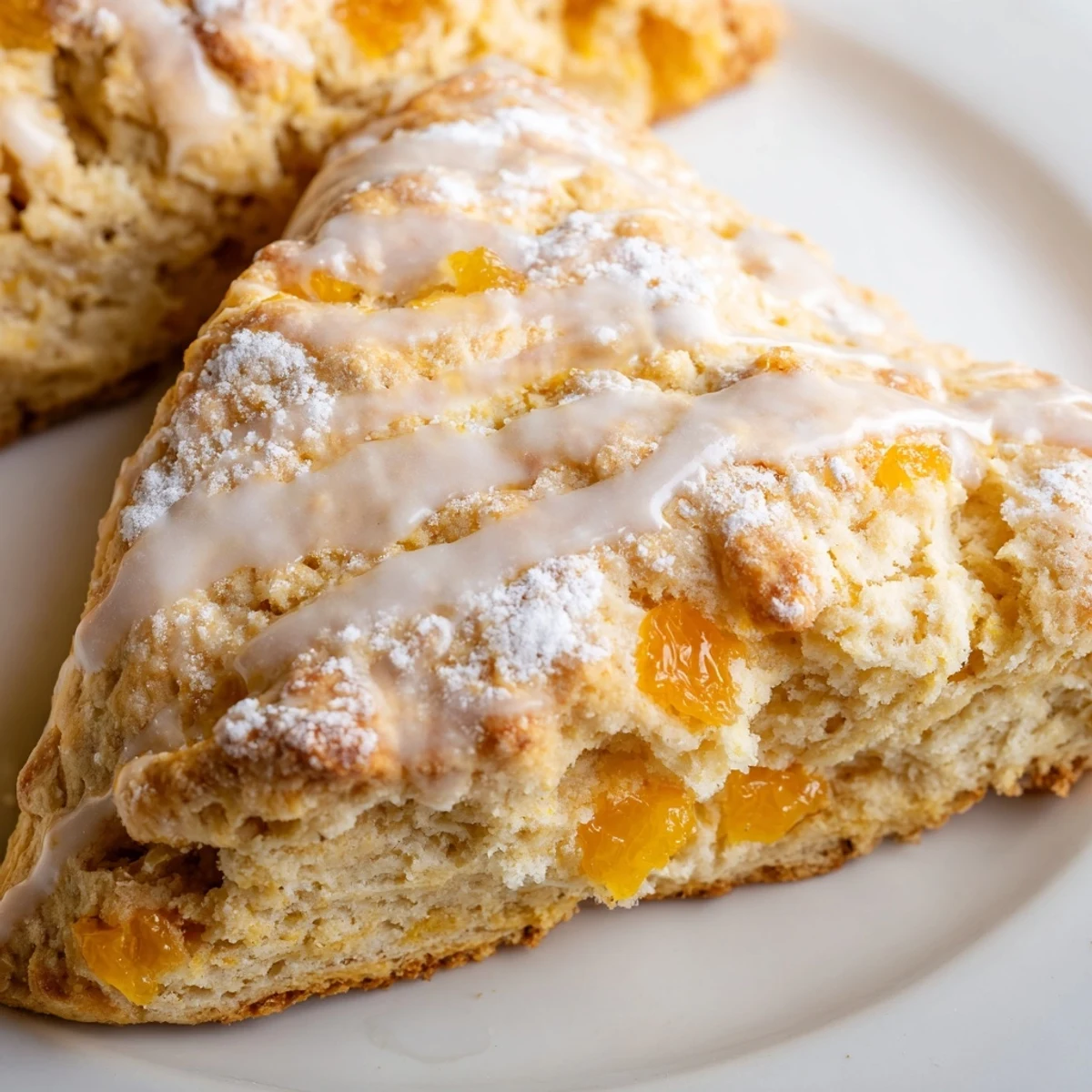 Golden-brown Candied Ginger Orange Scones fresh from the oven, drizzled with a bright orange glaze on a rustic wooden board.