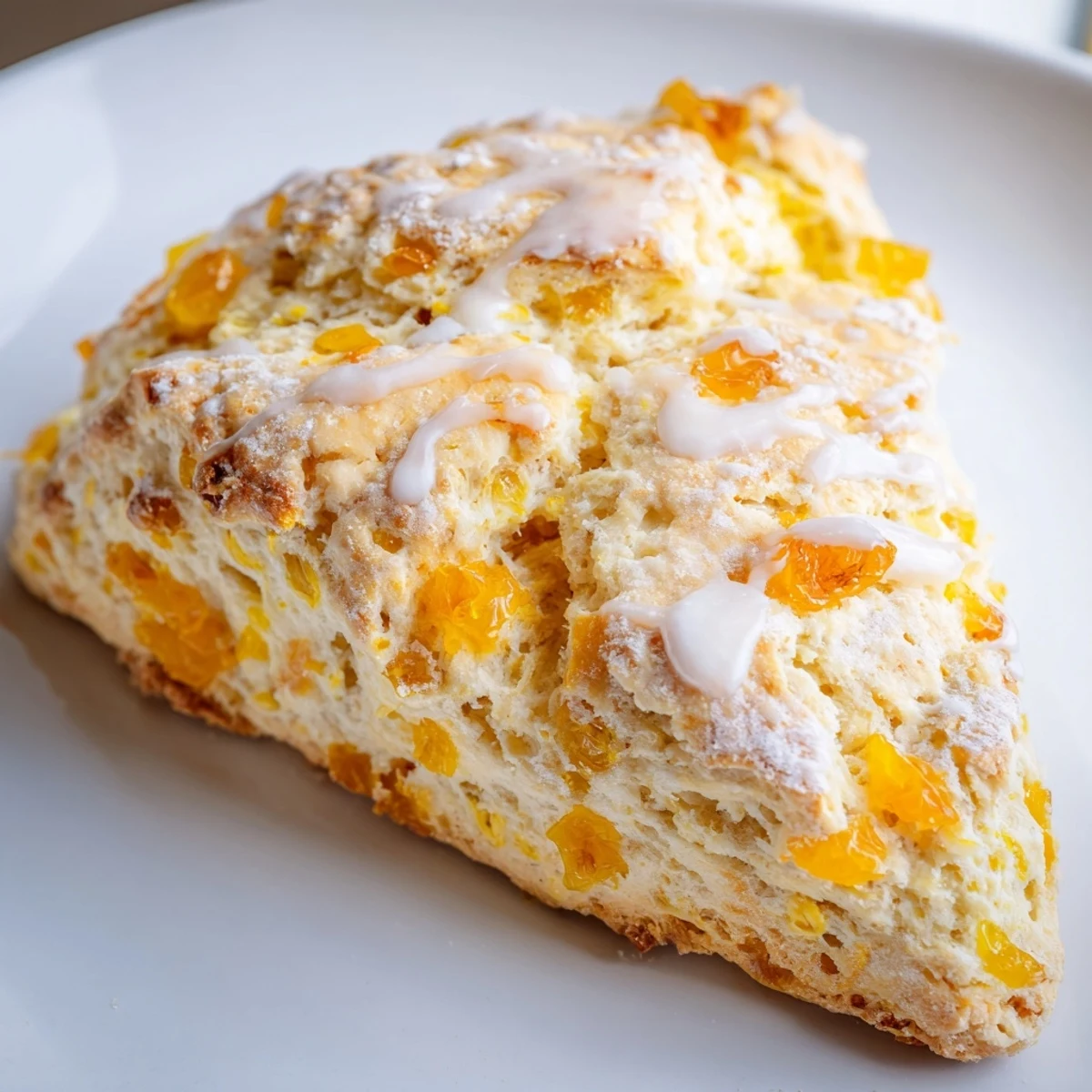 Warm Candied Ginger Orange Scones stacked on a white plate, showcasing a tender crumb studded with spicy ginger bits.