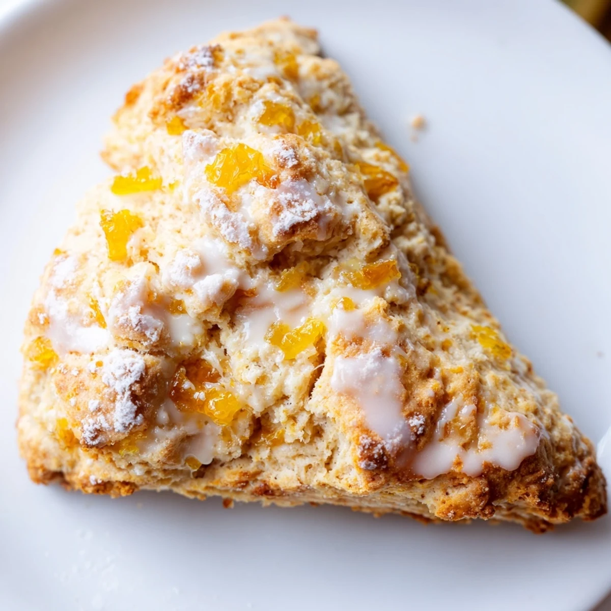 Freshly baked Candied Ginger Orange Scones served beside a steaming mug of tea for a cozy afternoon treat.