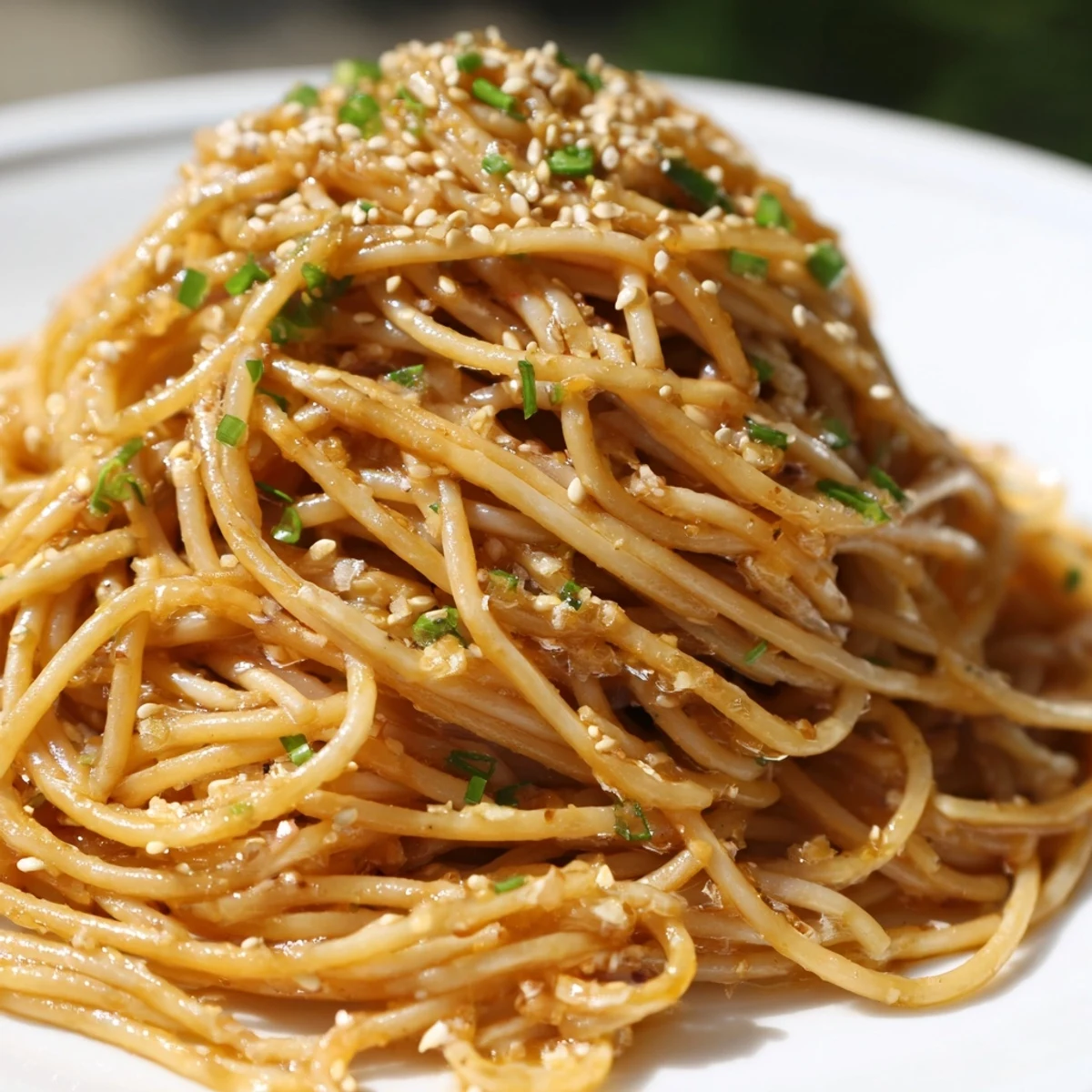 Garlic noodles tossed in a glossy, buttery garlic sauce, garnished with scallions and sesame seeds on a white plate.