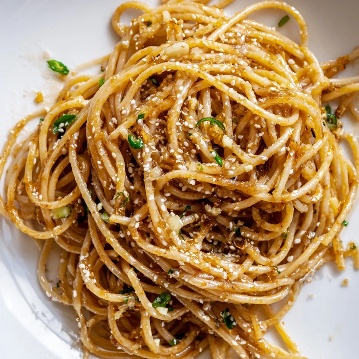 Close-up of Garlic Noodles with fork twirling noodles, showing rich sauce clinging to each strand and steam rising.