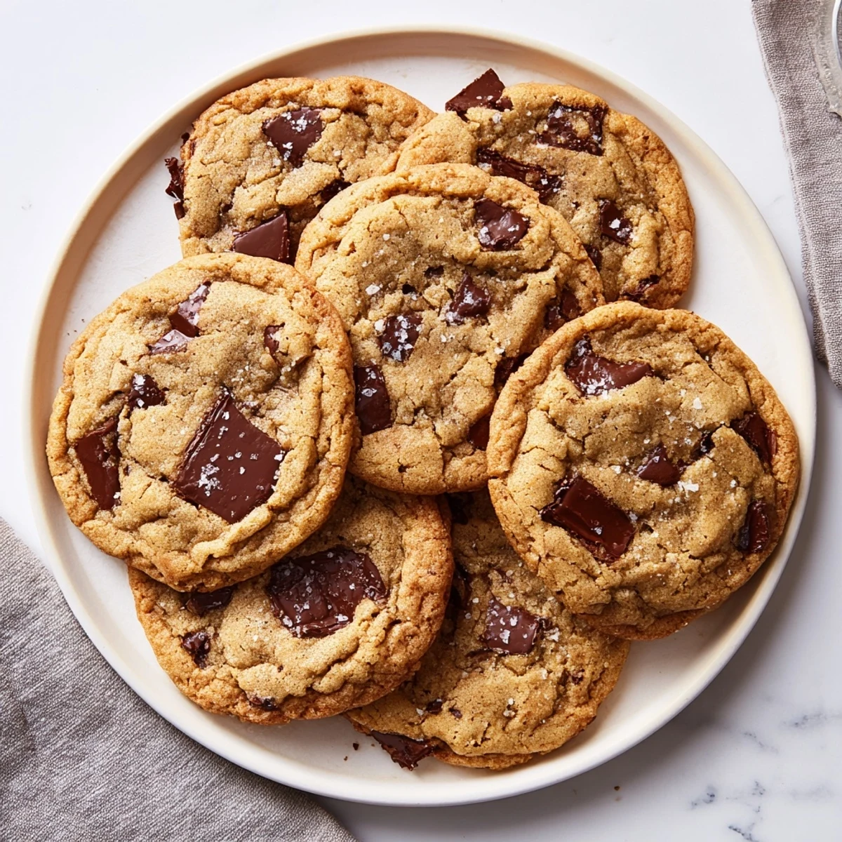 These golden-brown Miso Chocolate Chip Cookies are stacked on a wire rack, with a glass of milk and wooden spoon nearby.