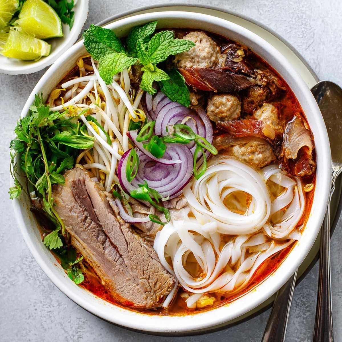 Steaming bowl of Bun Bo Hue with thick rice noodles, tender beef, and fresh herbs in aromatic broth.