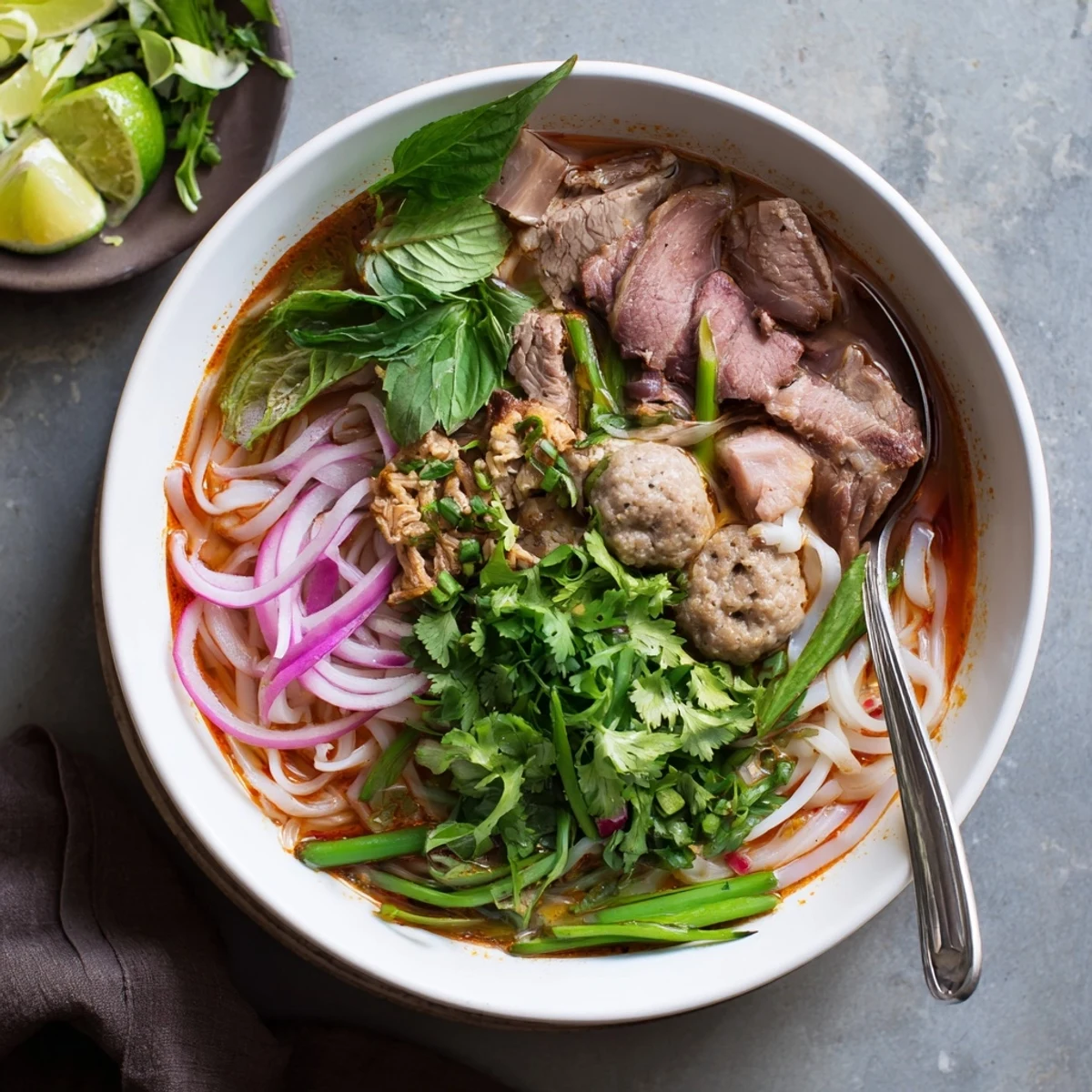 A close-up of Bun Bo Hue topped with pork sausage and a drizzle of spicy chili oil.
