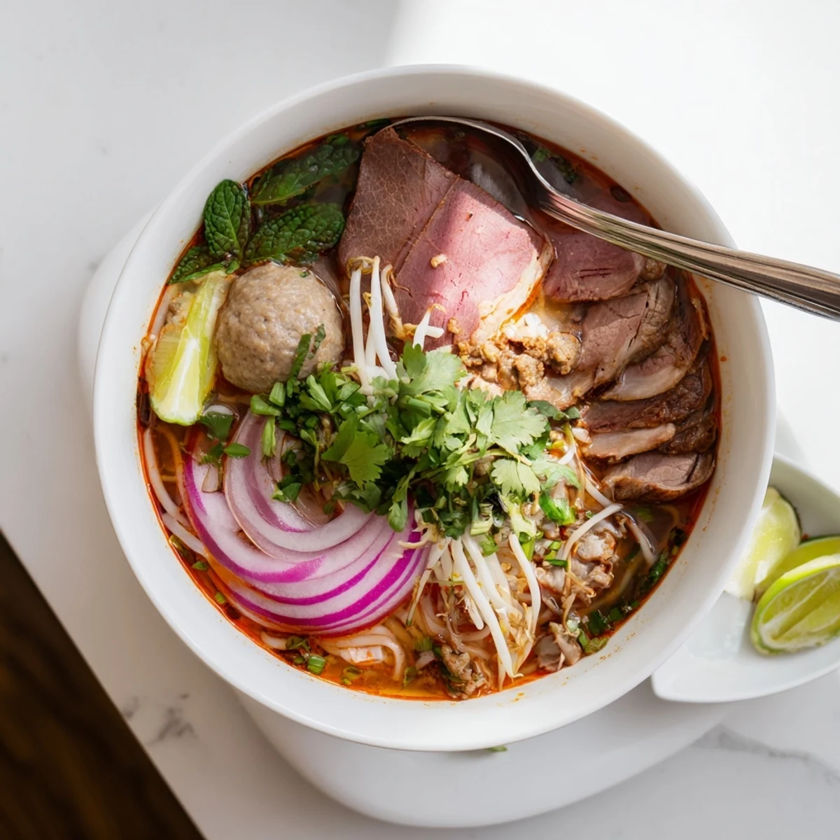 Close view of Bun Bo Hue garnished with lime wedges and bean sprouts next to a spoon.