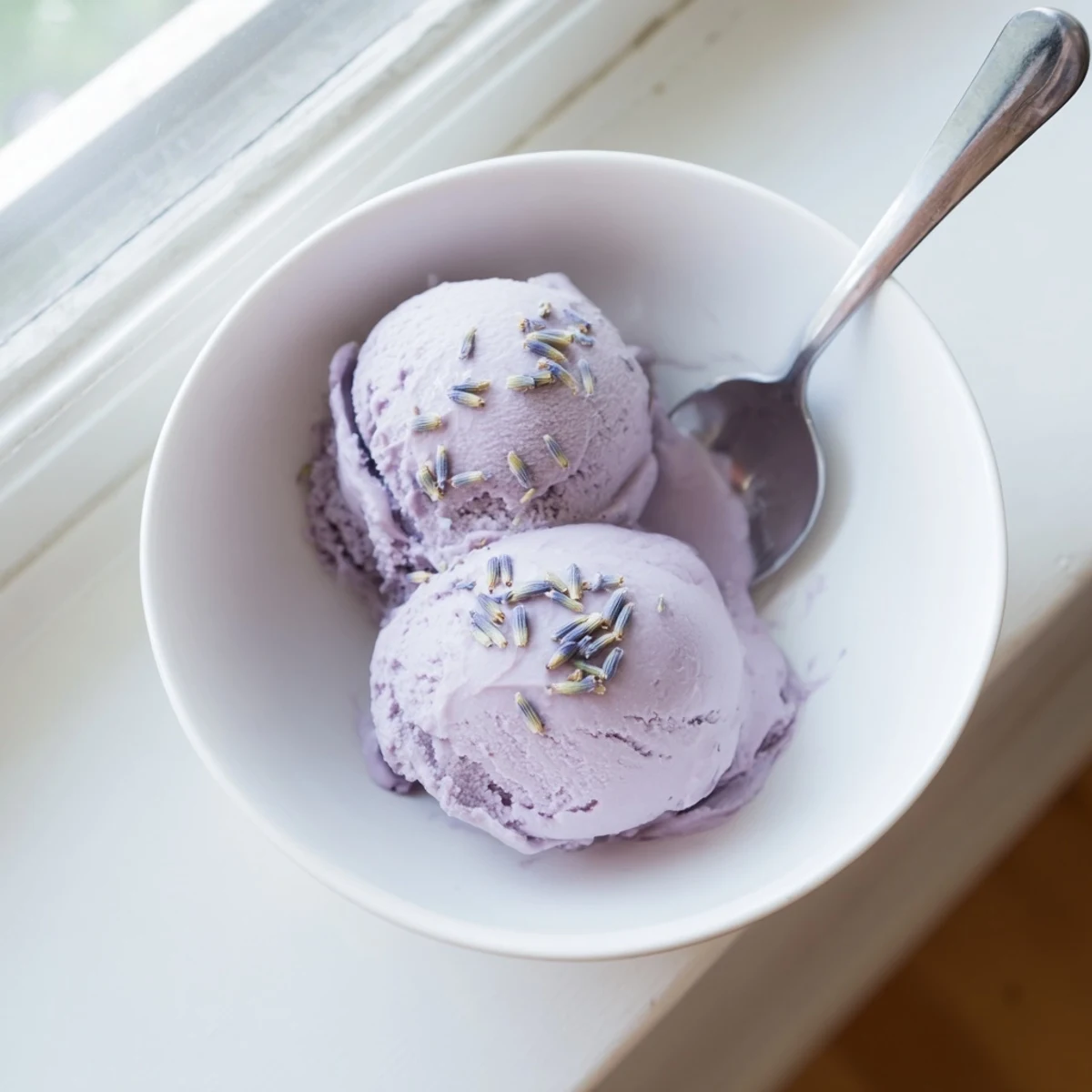 Creamy homemade Lavender Ice Cream scoops with a delicate floral aroma, served in a chilled bowl.