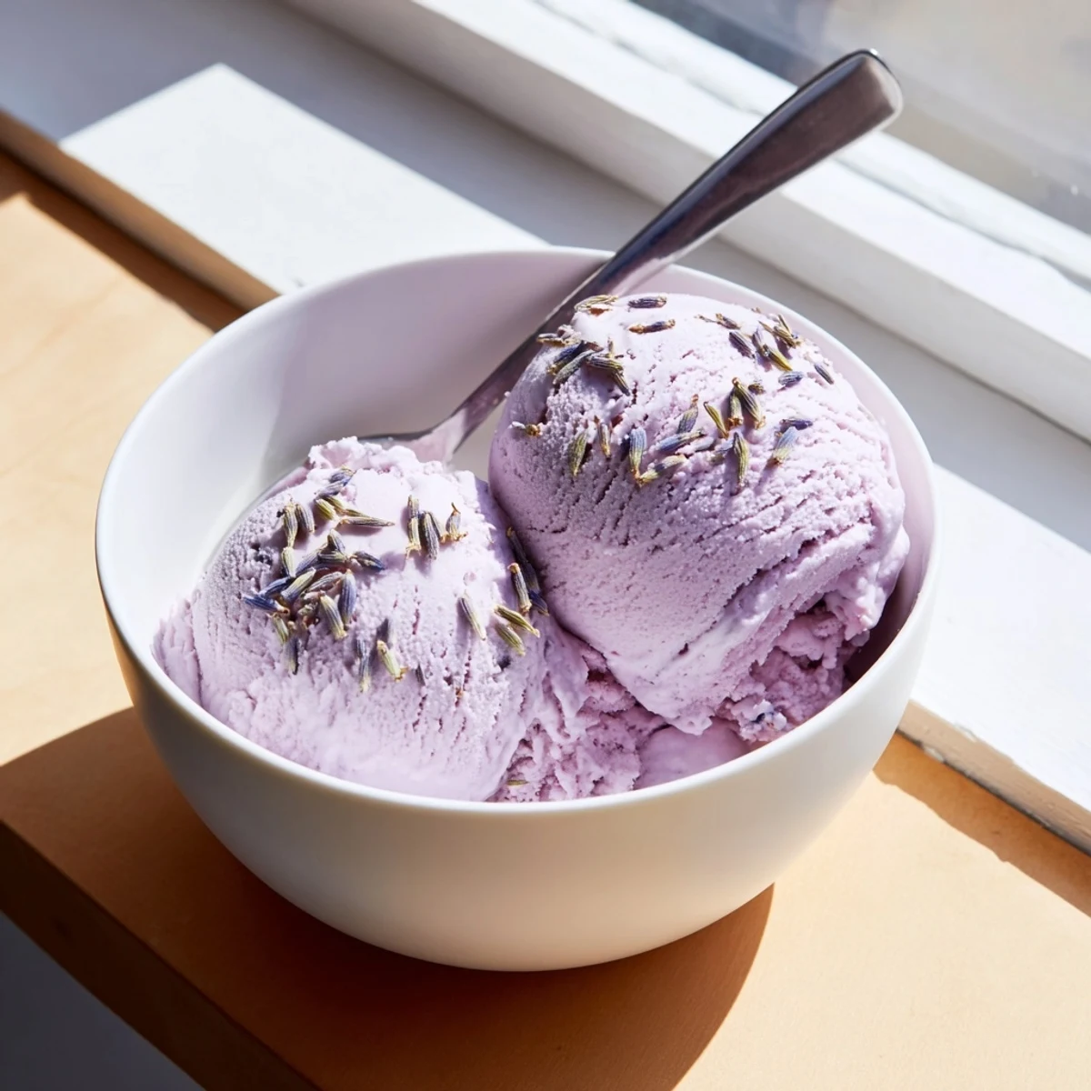 A scoop of Lavender Ice Cream rests beside shortbread cookies, highlighting its creamy, fragrant texture.