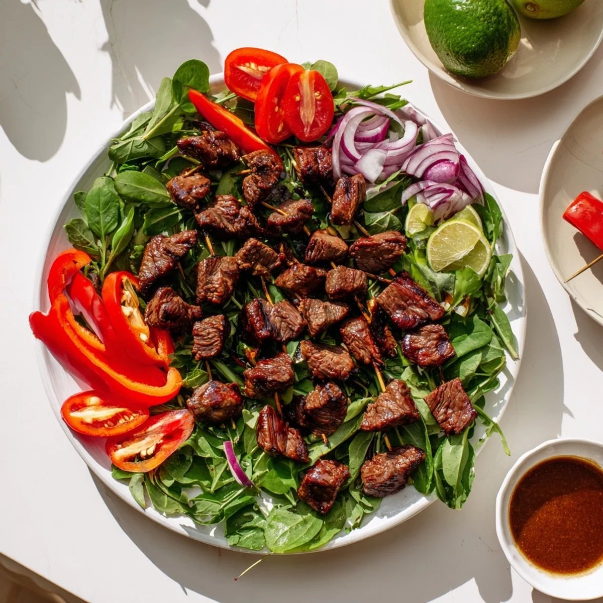 Juicy marinated beef cubes sizzling in a hot wok for Vietnamese Shaking Beef, with crisp peppers and onions.