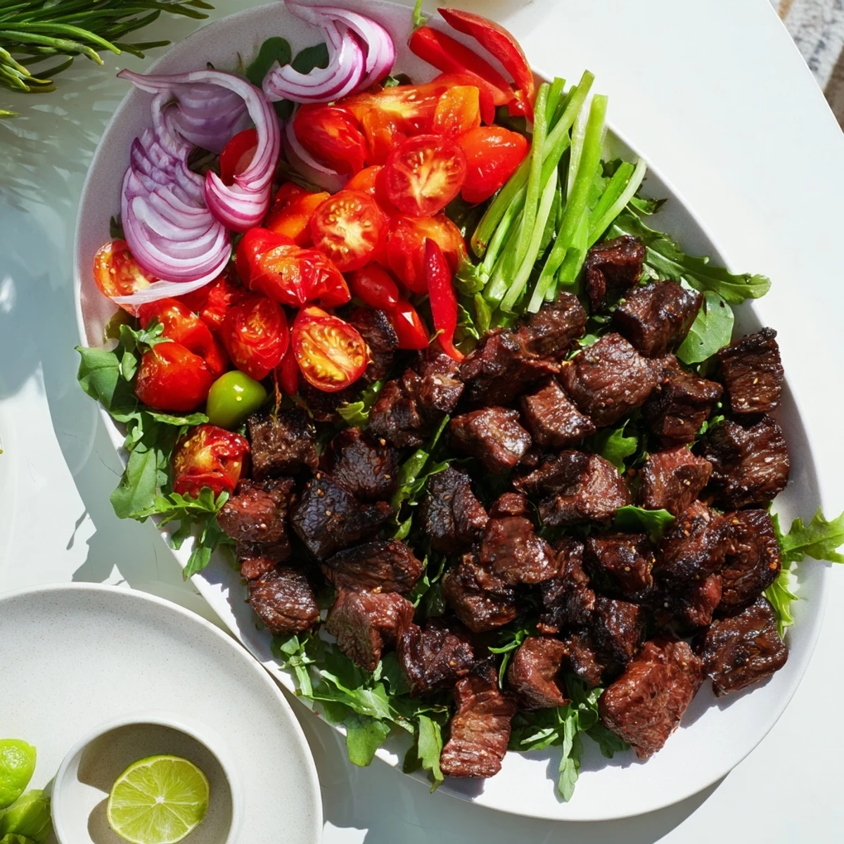 Steamed jasmine rice and colorful stir-fried vegetables complement the tender Vietnamese Shaking Beef for a complete dinner.