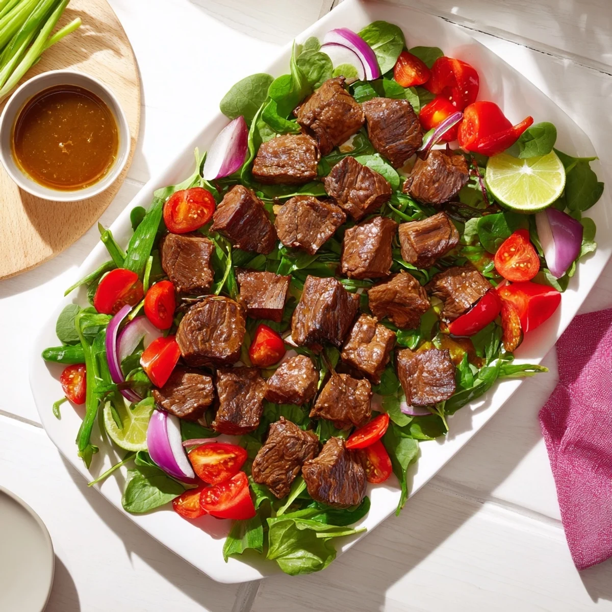 Tangy lime dipping sauce alongside vibrant Vietnamese Shaking Beef served on fresh watercress and ripe tomato slices.