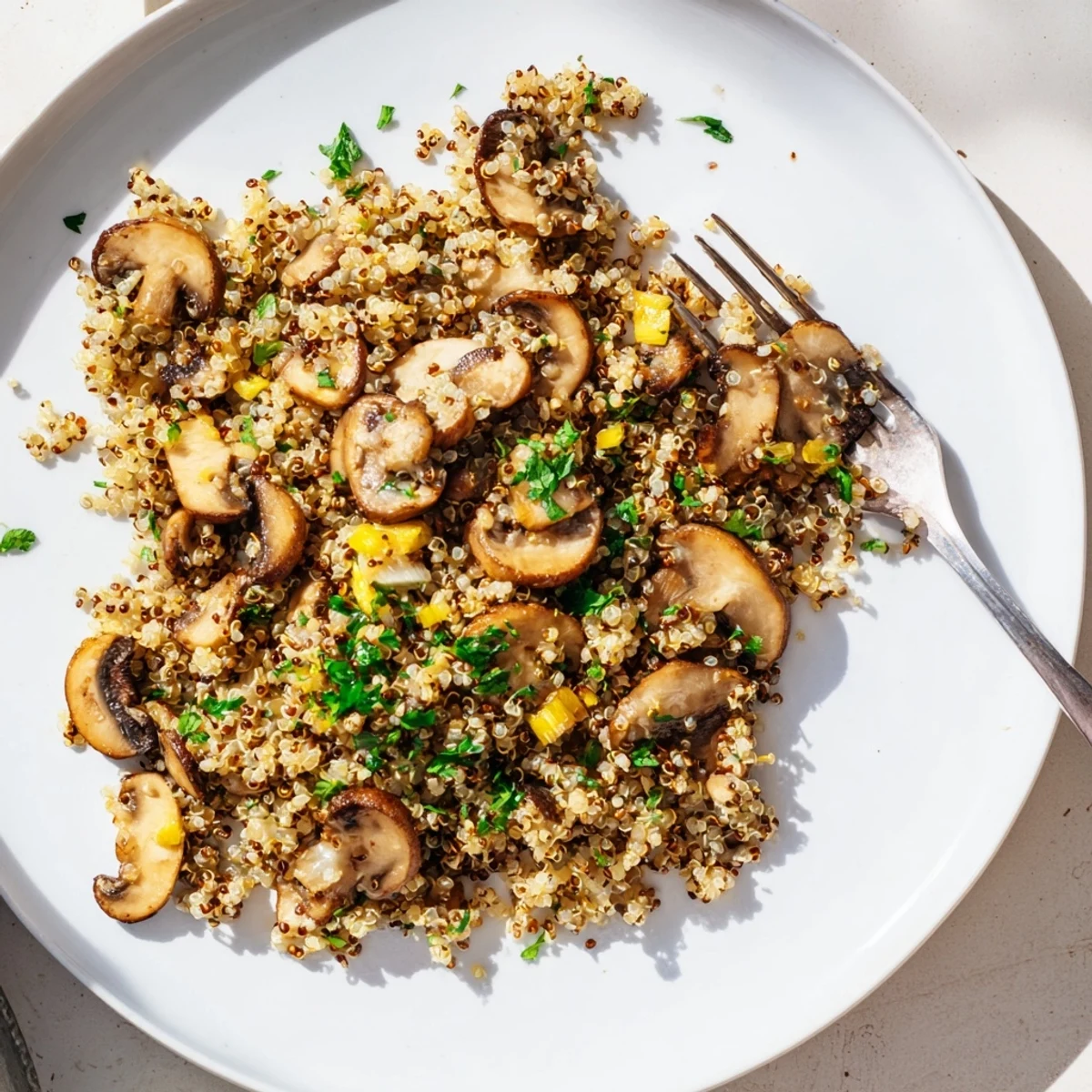 Sautéed cremini mushrooms, garlic, and fluffy quinoa create a savory, golden Garlicky Mushroom Quinoa main dish.