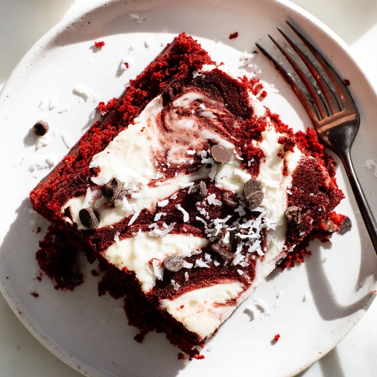 A delicious slice of Red Velvet Earthquake Cake reveals marbled cream cheese swirls and gooey chocolate chips on a vibrant red velvet crumb.