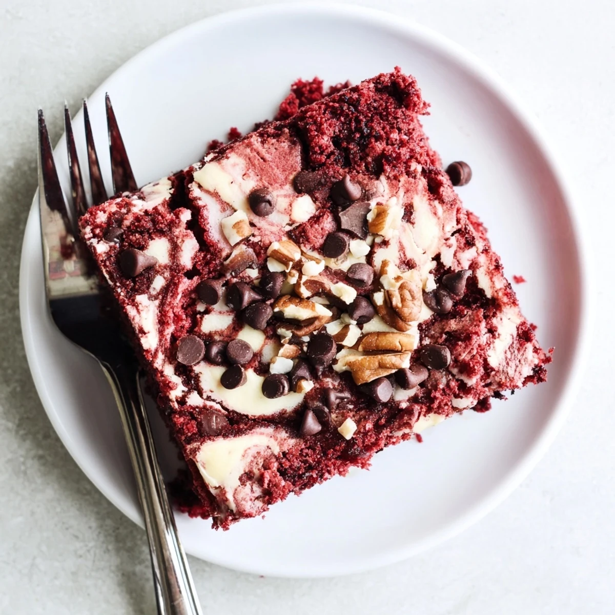 A close-up of Red Velvet Earthquake Cake highlights a moist red velvet base, creamy cheese ripples, and sweetened coconut topping for serving.