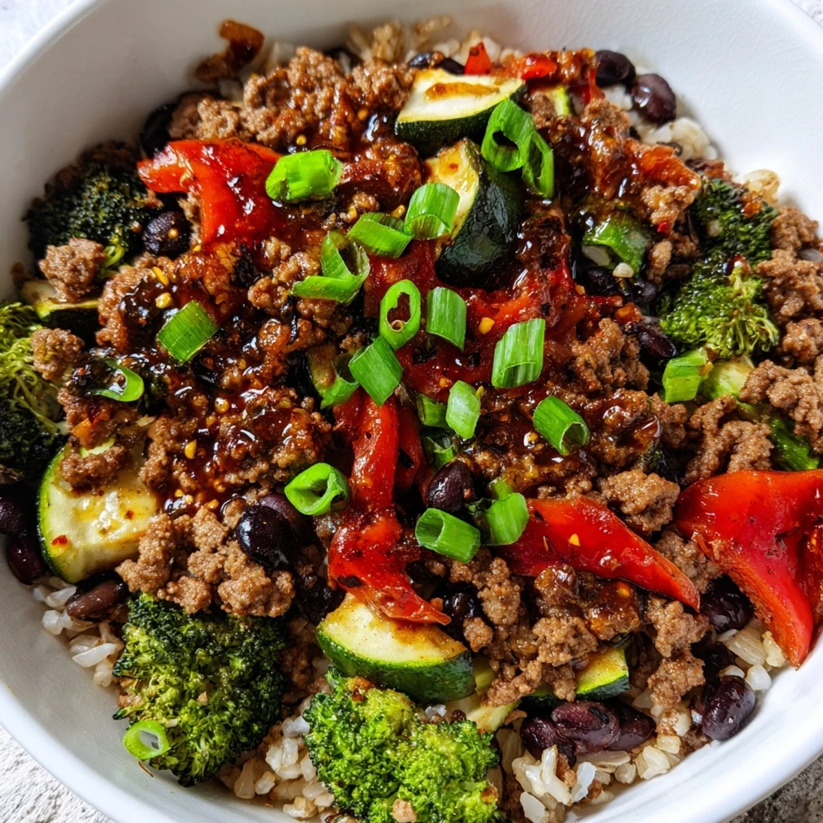 Golden-brown spiced ground beef topped with roasted bell peppers and zucchini on a bed of brown rice and black beans, drizzled with glowing hot honey sauce.