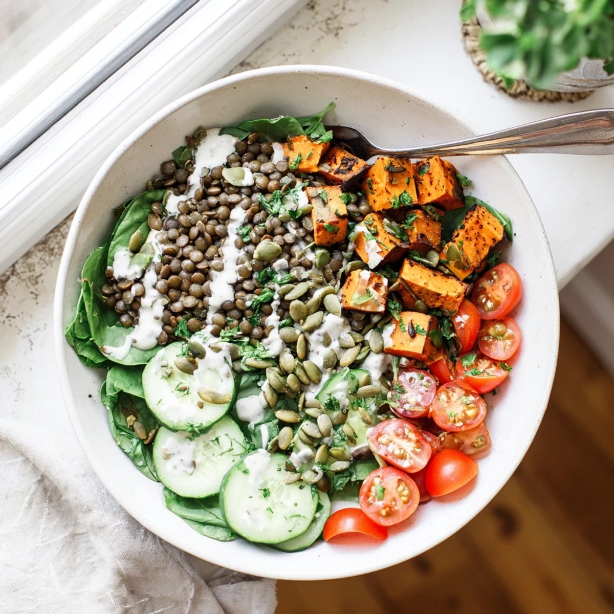 Bright Healthy Lunch Sweet Potato Lentil Bowl served on a white plate with crisp cucumber, spinach, and toasted pumpkin seeds.