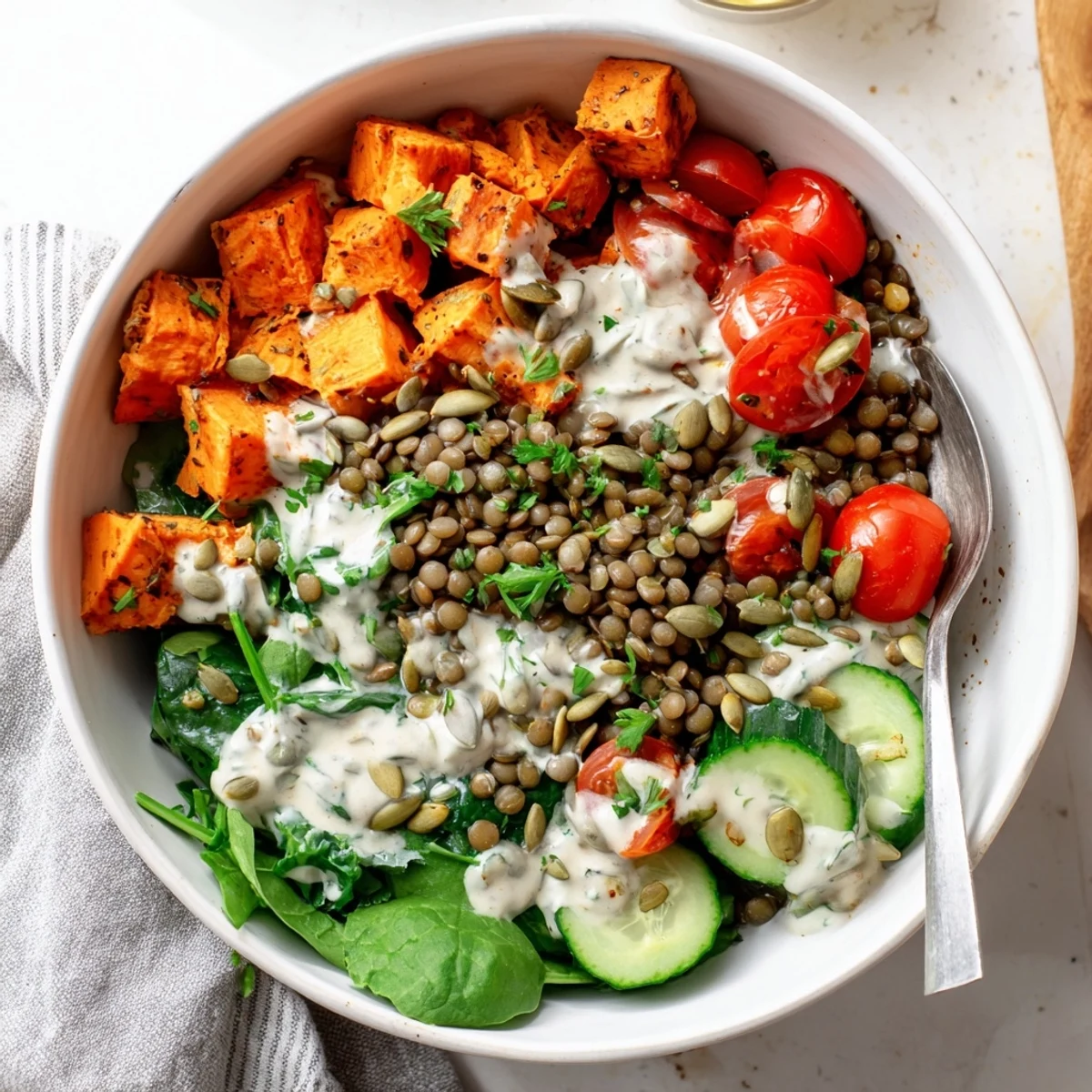 A bowl of the Healthy Lunch Sweet Potato Lentil Bowl with roasted orange cubes, green lentils, cherry tomatoes, and creamy tahini dressing.