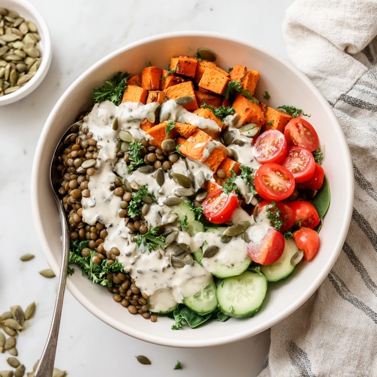 The Healthy Lunch Sweet Potato Lentil Bowl features golden sweet potatoes, hearty lentils, and zesty tahini drizzle for a nourishing meal.
