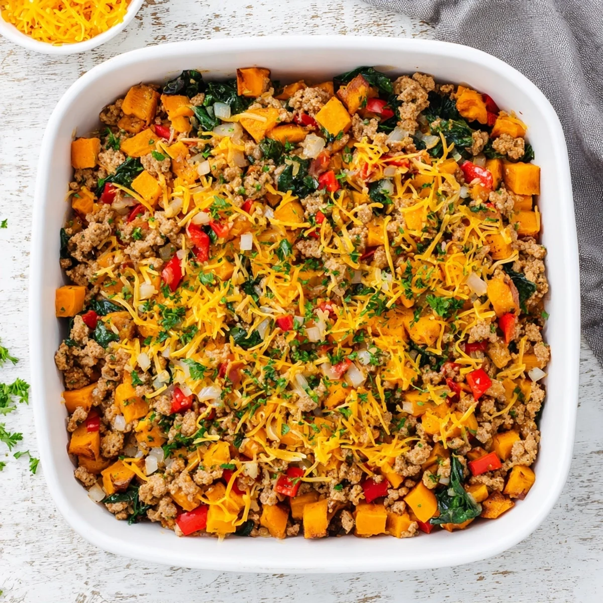 Golden-brown Ground Turkey Sweet Potato Bake fresh from the oven, bubbling with melted cheese and vibrant vegetables.