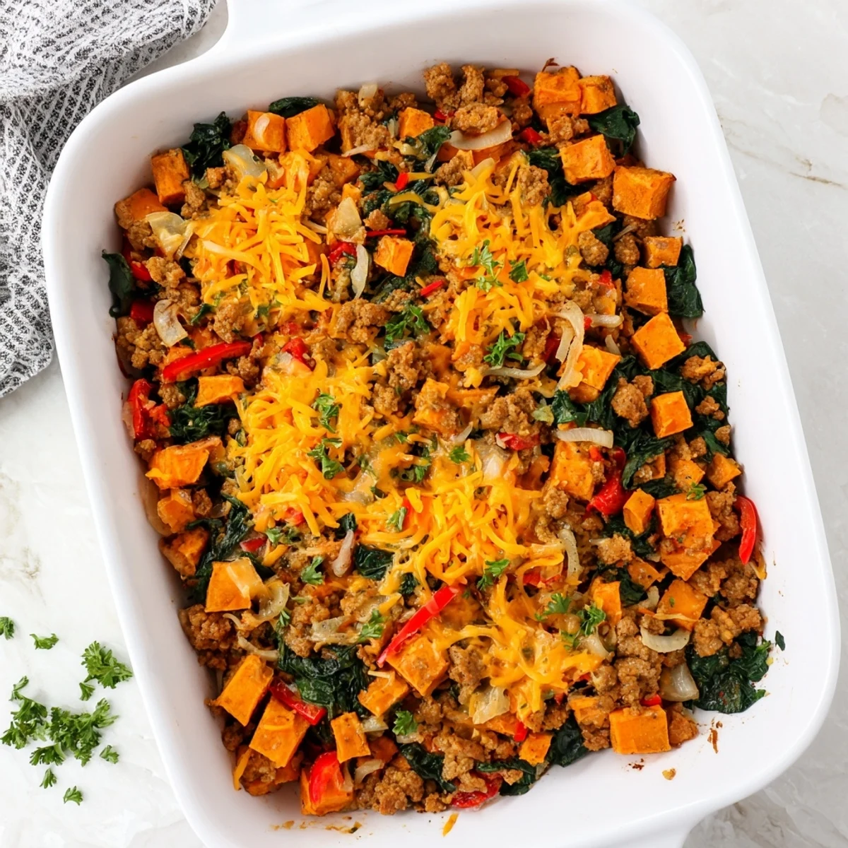 Hearty Ground Turkey Sweet Potato Bake served warm in a skillet, garnished with fresh parsley for a flavorful finish.