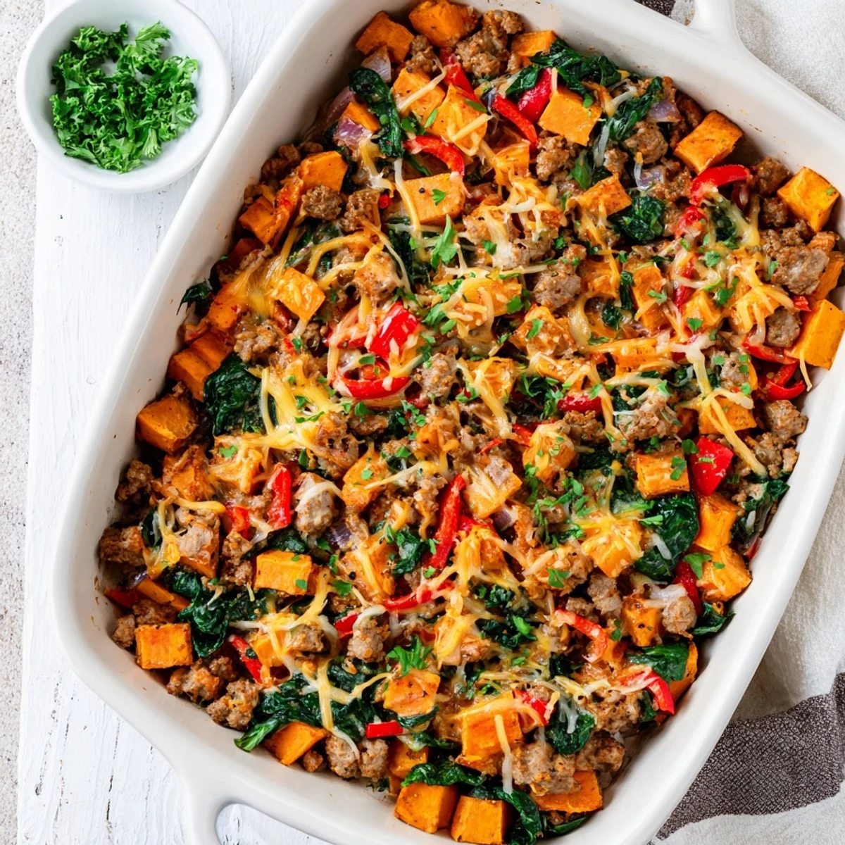 Savory Ground Turkey Sweet Potato Bake in a baking dish, featuring tender sweet potatoes and ground turkey in a rich broth.