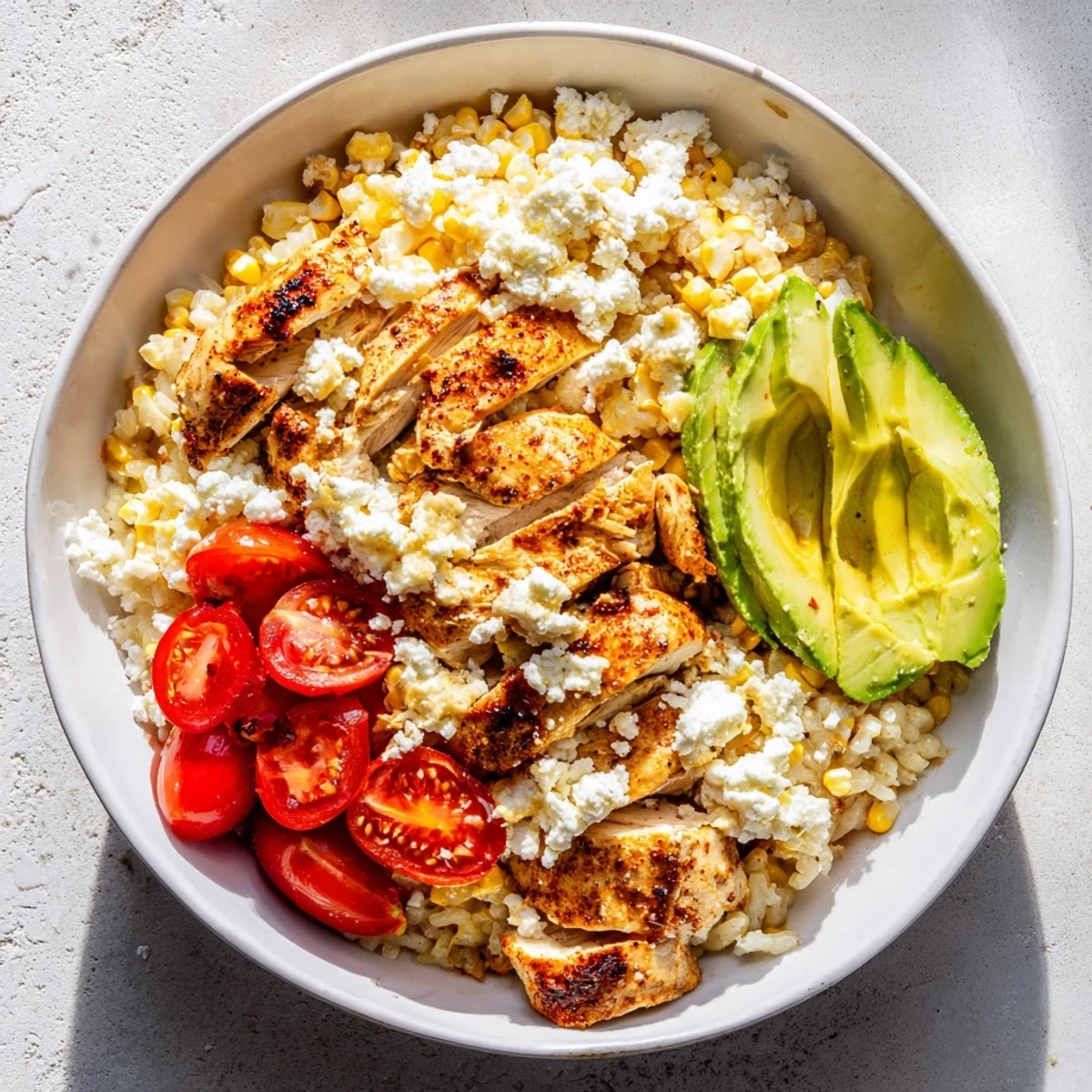 A vibrant Street Corn Chicken Rice Bowl features juicy grilled chicken and charred corn topped with creamy sauce.