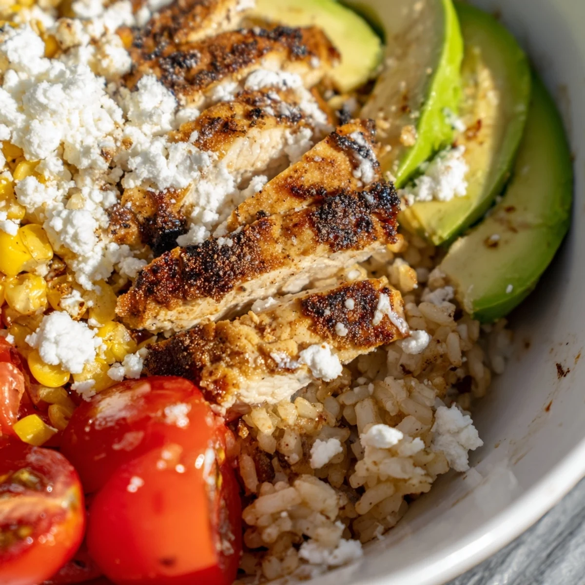 Street Corn Chicken Rice Bowl plated with fluffy rice, cherry tomatoes, jalapeños, and a drizzle of tangy dressing.